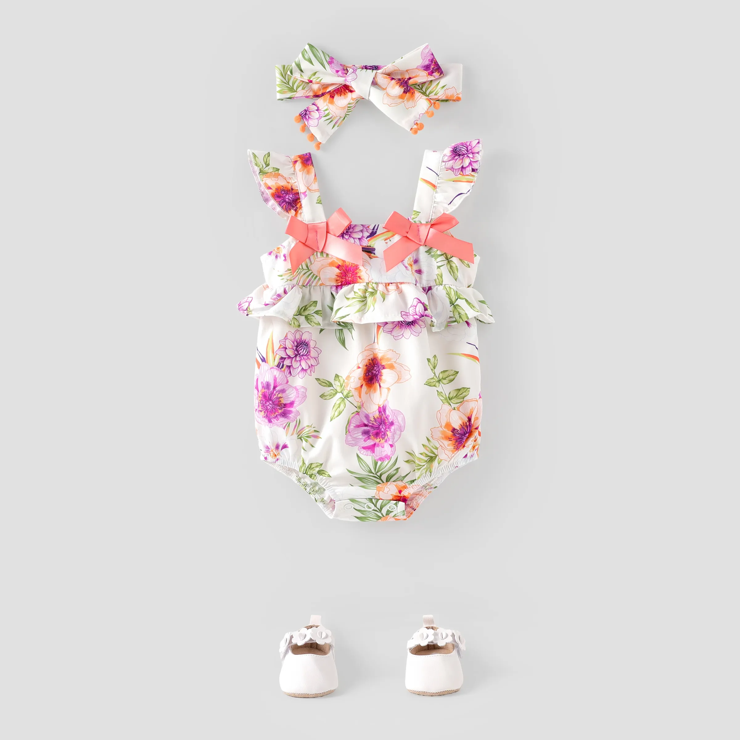 Baby Girl 2pcs Sweet Floral Pattern Ruffled Bowknot Romper And Headband Set/ Prewalker Shoes