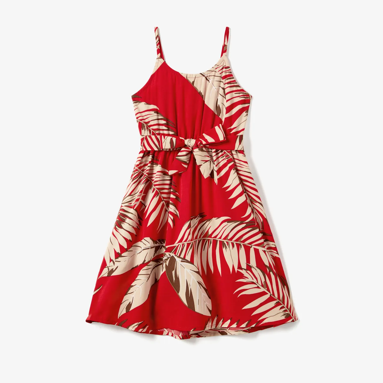 Family Matching Floral Panel T-shirt and Concealed Button Leaf Print Strap Dress Sets Red-2 big image 1