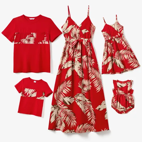 Conjuntos familiares de camiseta con paneles florales a juego y vestidos con tirantes con estampado de hojas de botones ocultos