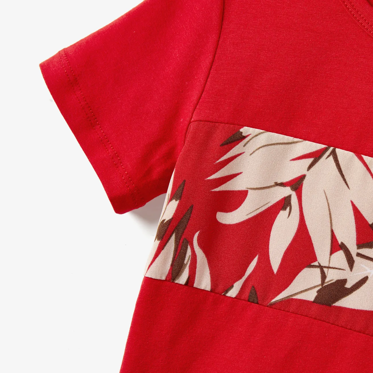 Family Matching Floral Panel T-shirt and Concealed Button Leaf Print Strap Dress Sets Red-2 big image 1