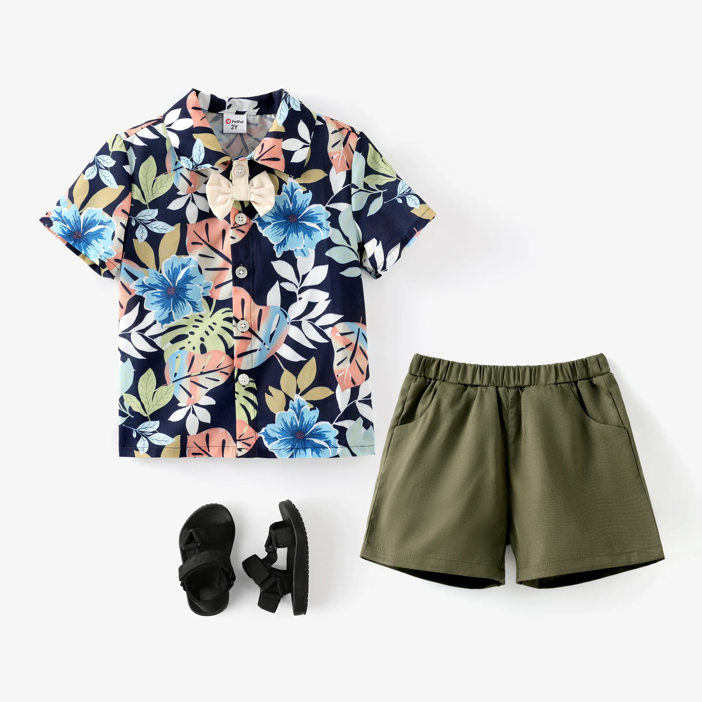 Toddler Boy 2pcs Bowknot Tropical Plant Shirt And Shorts Set