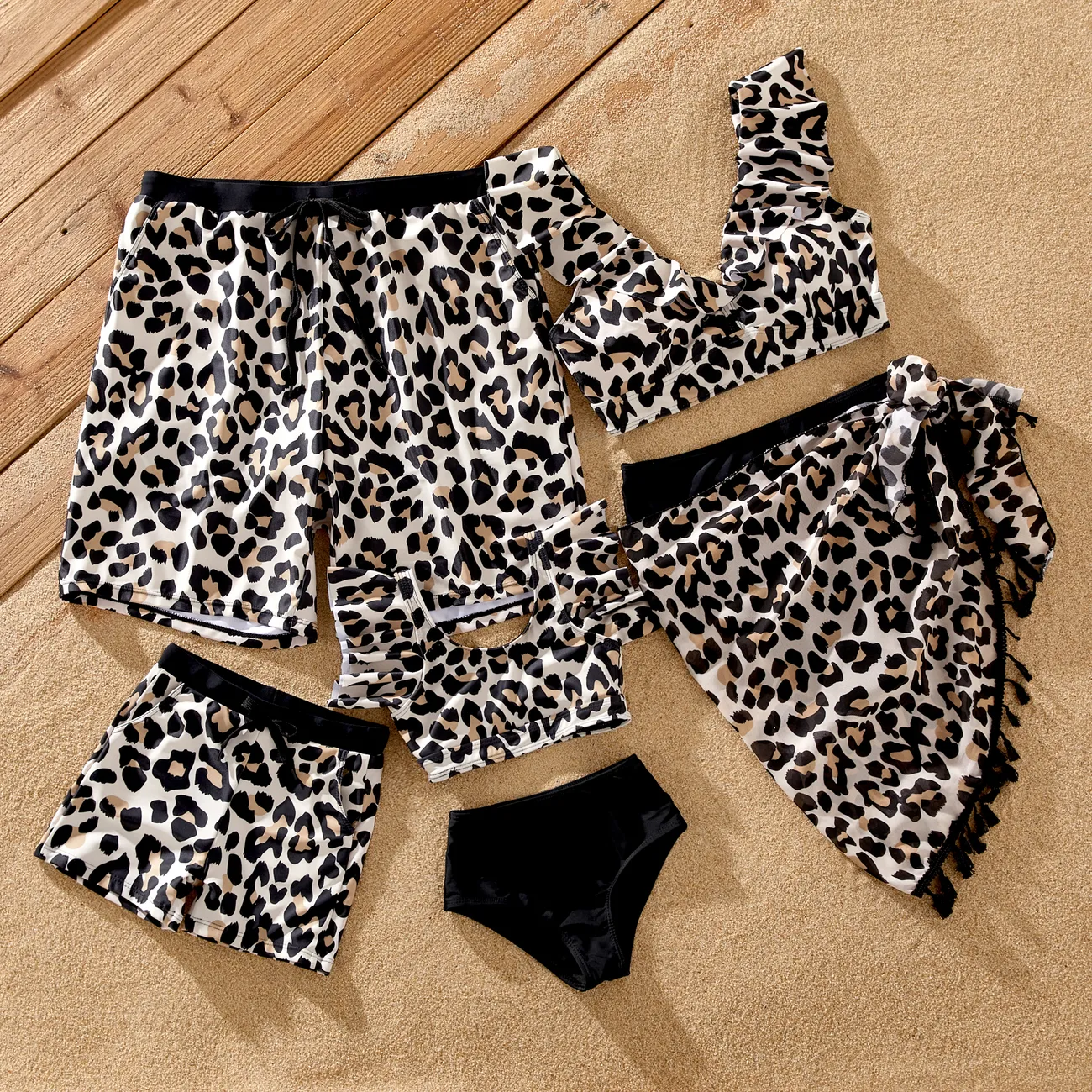 Family Matching Leopard Pattern Drawstring Swim Trunks or Ruffle Neck Two-Piece Bikini with Optional Cover Up Sarong Skirt  Black big image 1