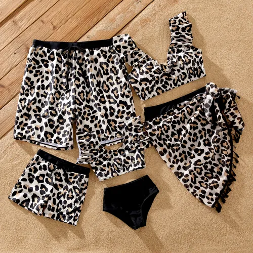 Family Matching Leopard Pattern Drawstring Swim Trunks or Ruffle Neck Two-Piece Bikini with Optional Cover Up Sarong Skirt 