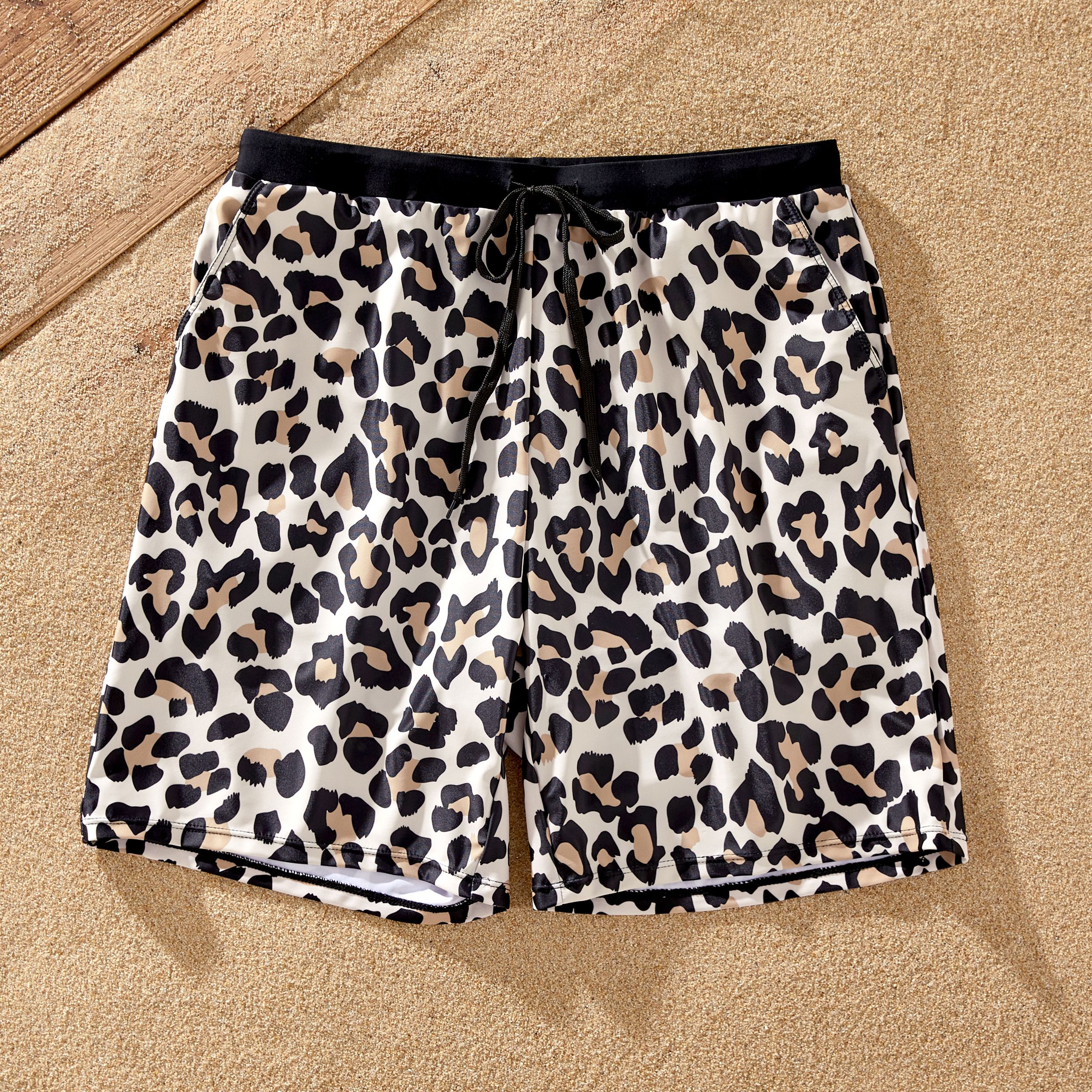 Family Matching Leopard Pattern Drawstring Swim Trunks Or Ruffle Neck Two-Piece Bikini With Optional Cover Up Sarong Skirt