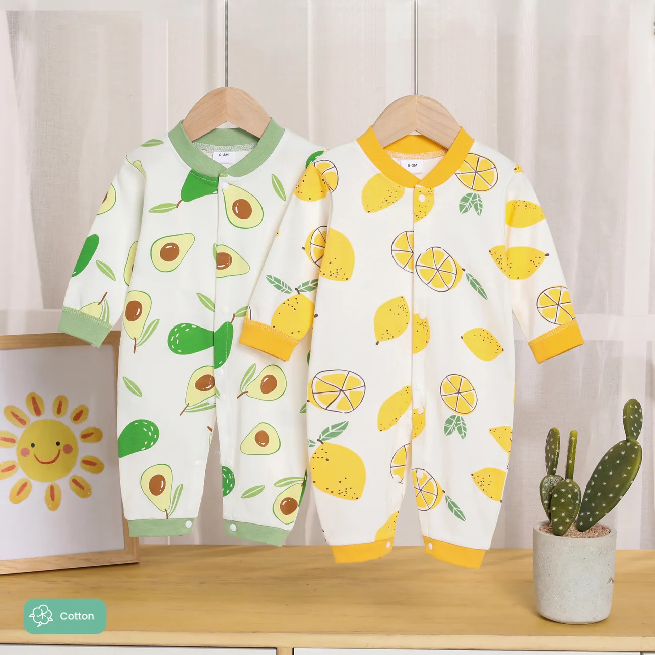 Baby Unisex Knöpfe Avocados Kindlich Langärmelig Baby-Overalls gelb big image 1