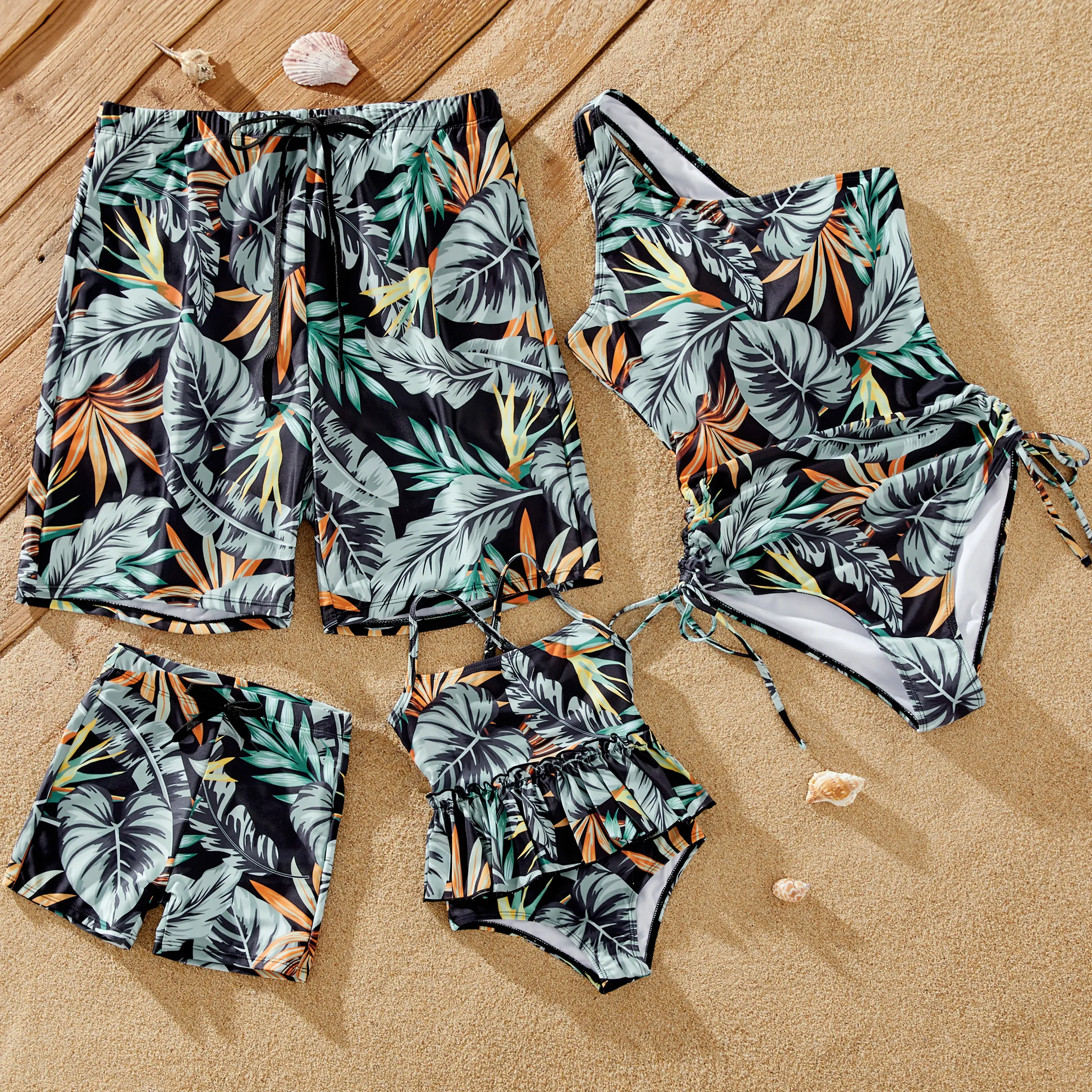 Family Matching Floral Drawstring Swim Trunks Or One-Shoulder Side Drawstring Swimsuit