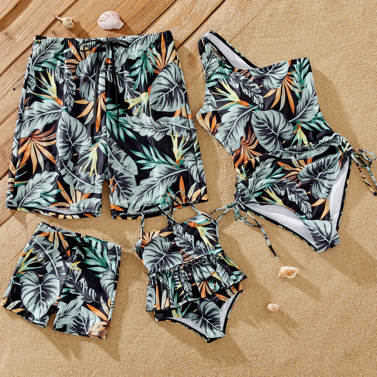 Family Matching Floral Drawstring Swim Trunks or One-Shoulder Side Drawstring Swimsuit  Color block big image 1