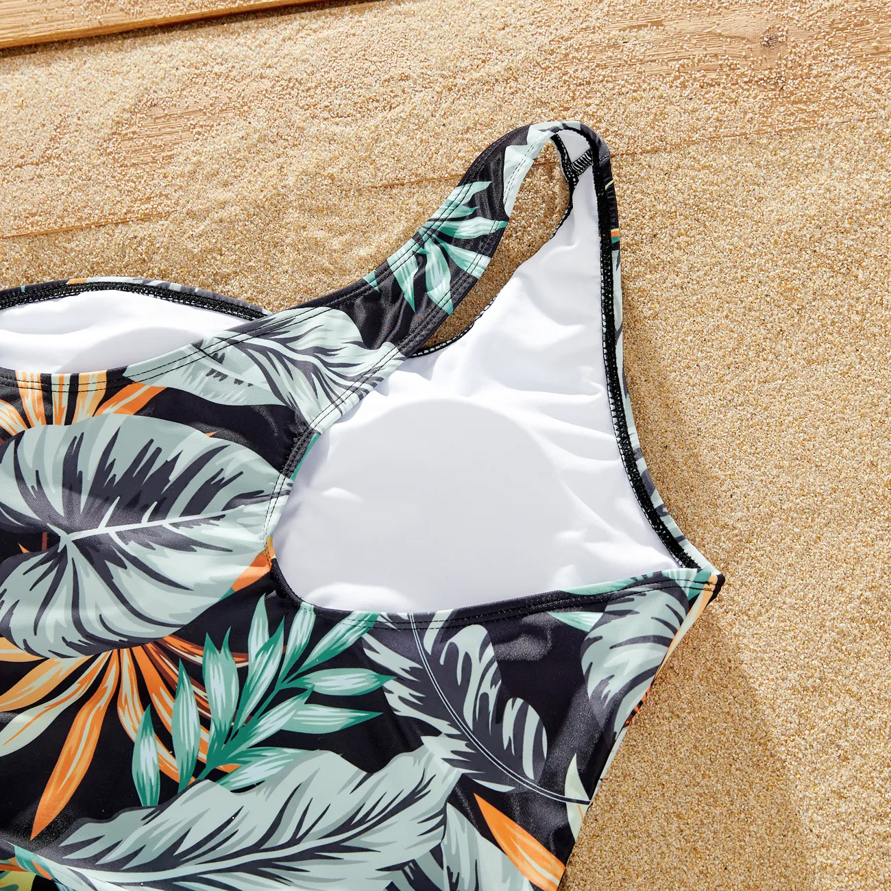 Family Matching Floral Drawstring Swim Trunks or One-Shoulder Side Drawstring Swimsuit  Color block big image 1