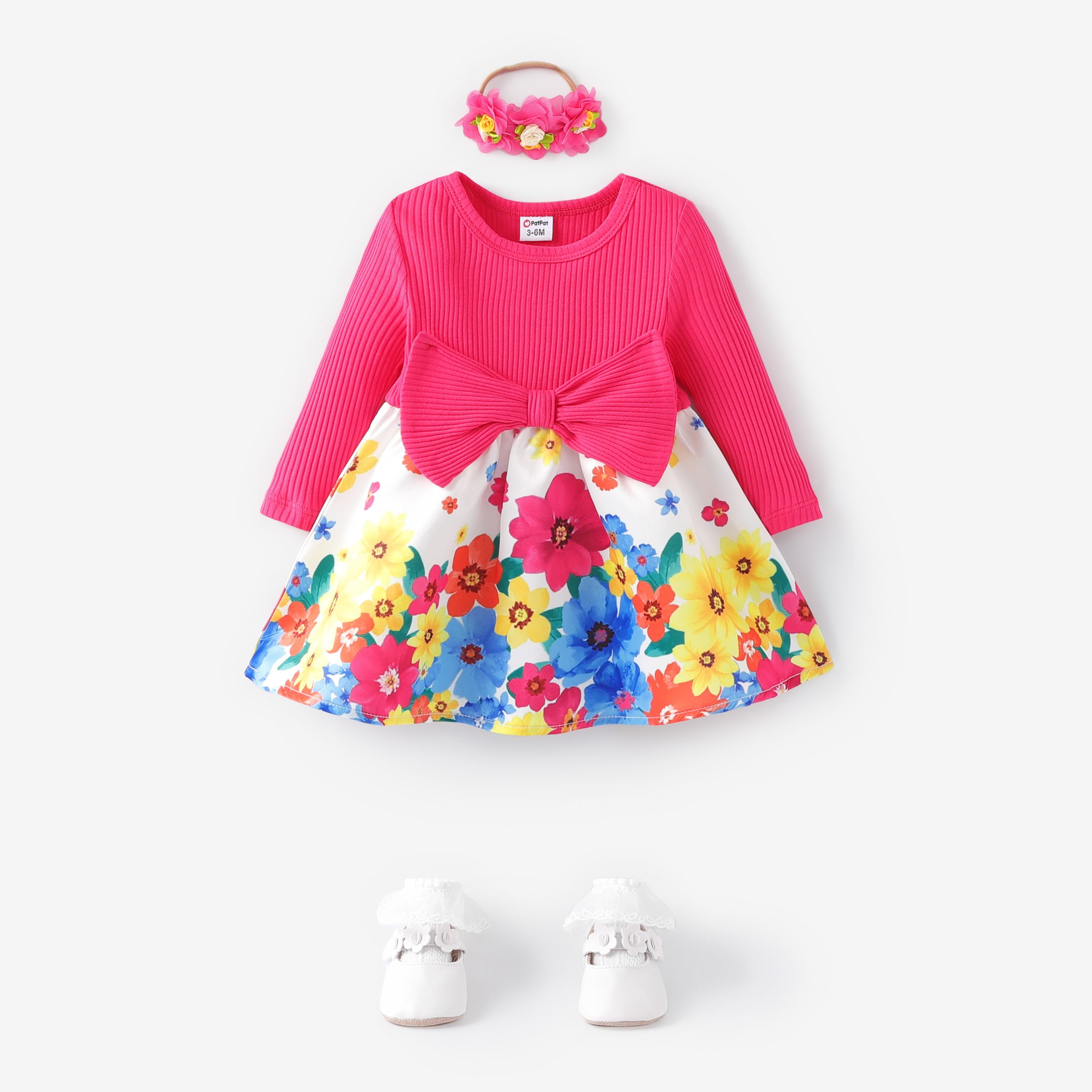 Baby Girl Sweet Colorblock Bowknot Floral Pattern Dress/ Headband/ Shoes
