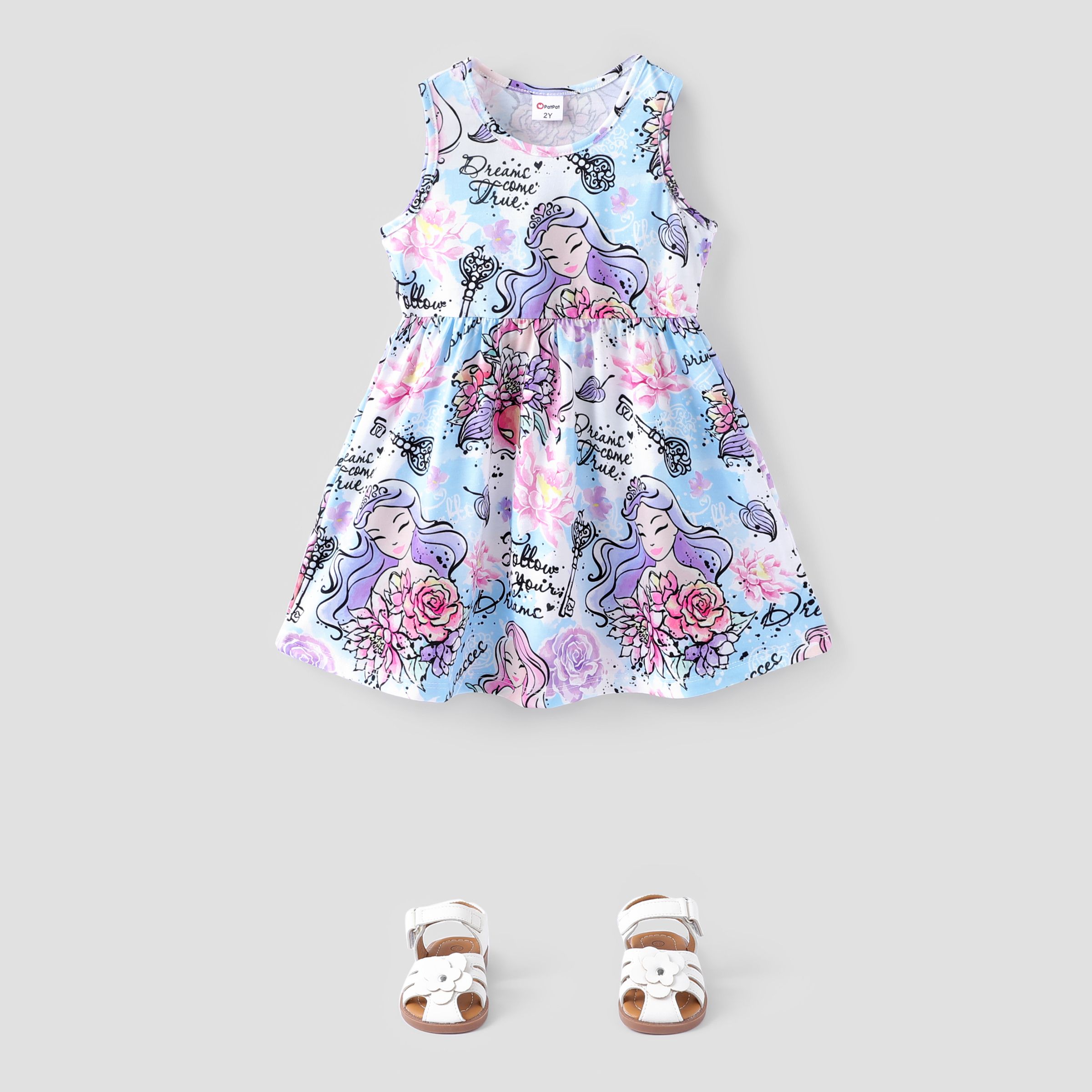 Toddler Girl Characterï¼Floral Pattern Sleeveless Dress/ Sandals