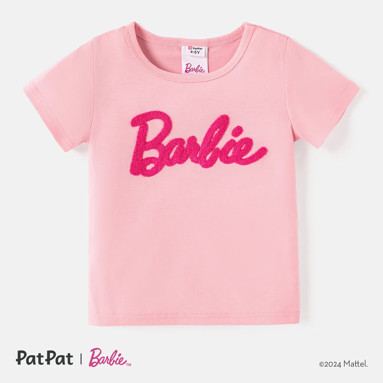 Barbie Toddler/Kid Girl Letter Embroidered Short-sleeve Cotton Tee Light Pink big image 1