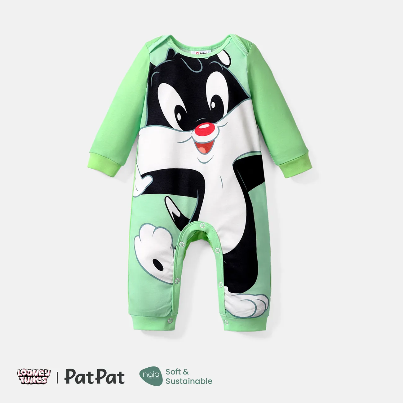 Looney Tunes Baby Boy/Girl Cartoon Animal Print Long-sleeve Naia™ Jumpsuit Green big image 1