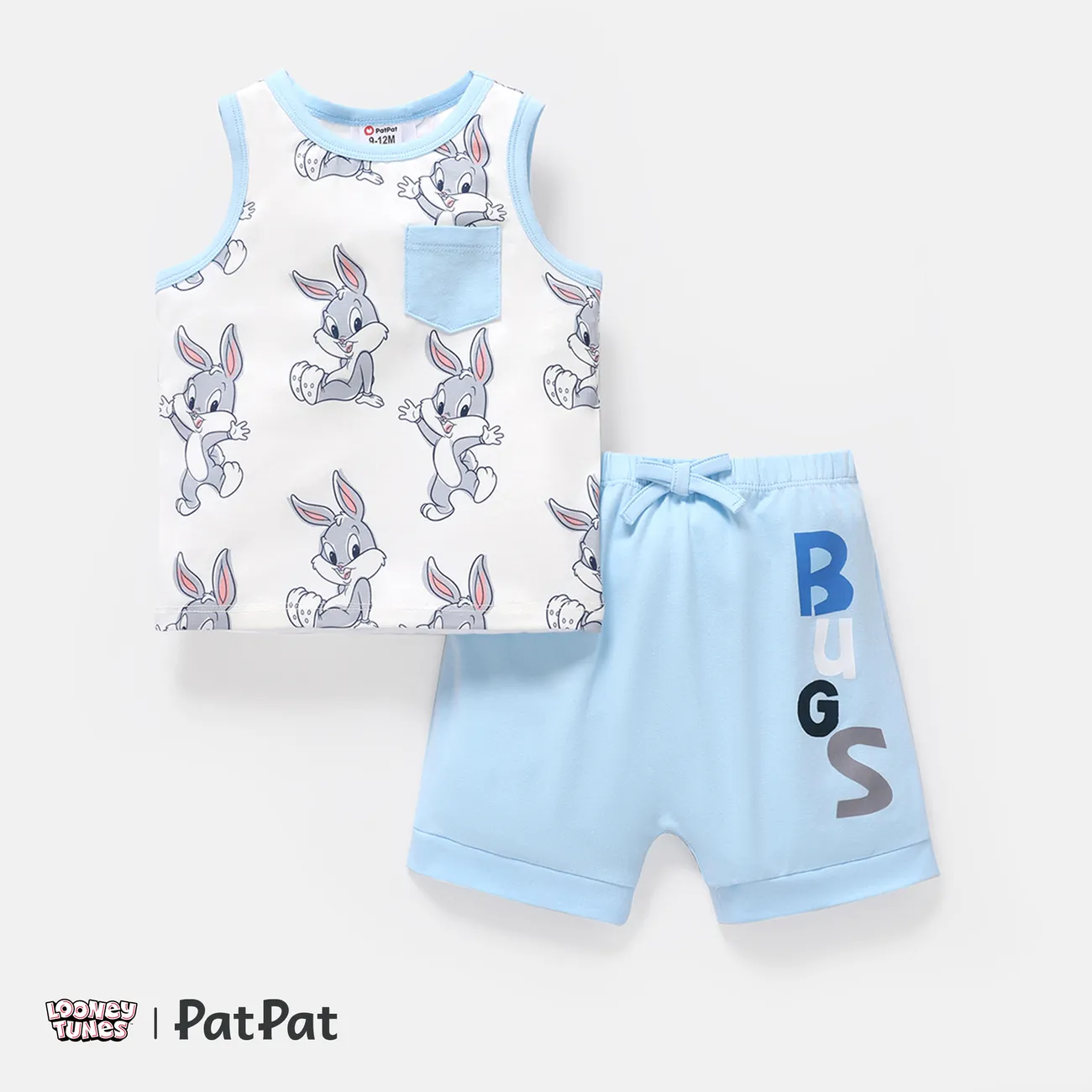 Looney Tunes 2pcs Baby Boy Allover Cartoon Print Naia™ Tank Top and Cotton Shorts Set Light Blue big image 1