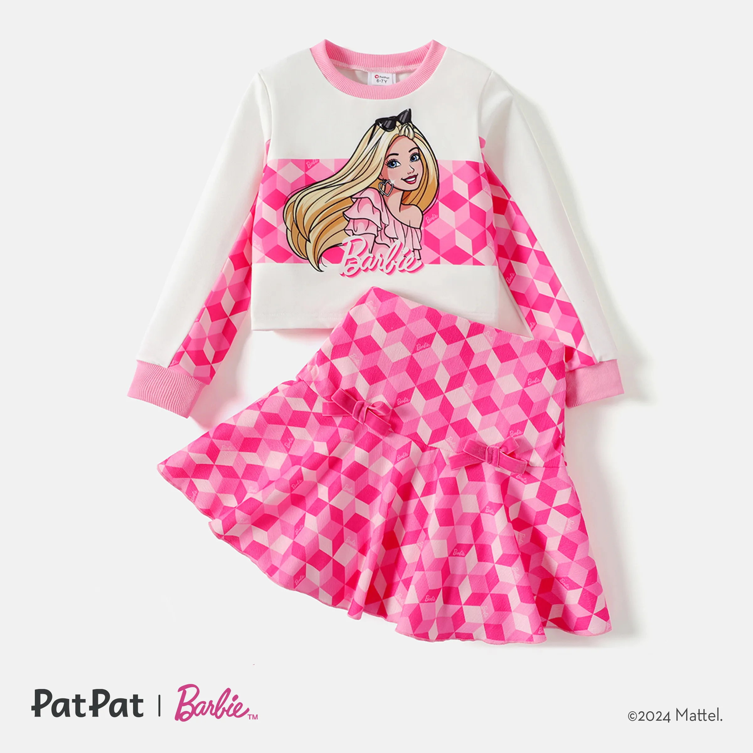 Barbie 2pcs Enfant Fille Plaid Colorblock T-shirt à Manches Longues Et Bowknot Design Jupe Ensemble
