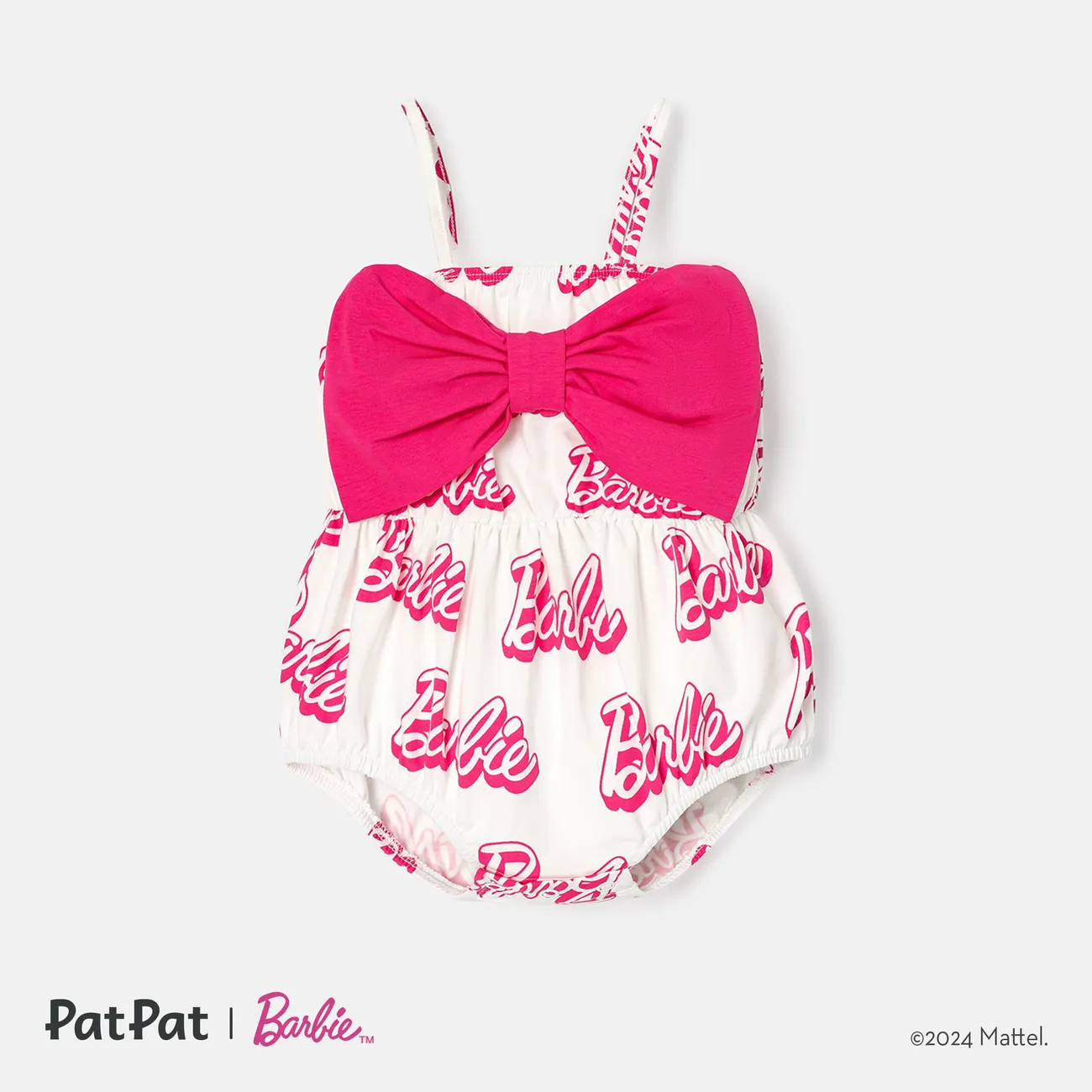 Barbie Baby Girls 1pc 95% Cotton Allover Letter Print Bow Front Cami Romper  PinkyWhite big image 1