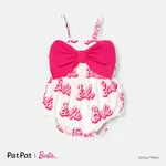 Barbie Baby Girl 95% Cotton Allover Letter Print Bow Front Cami Romper PinkyWhite