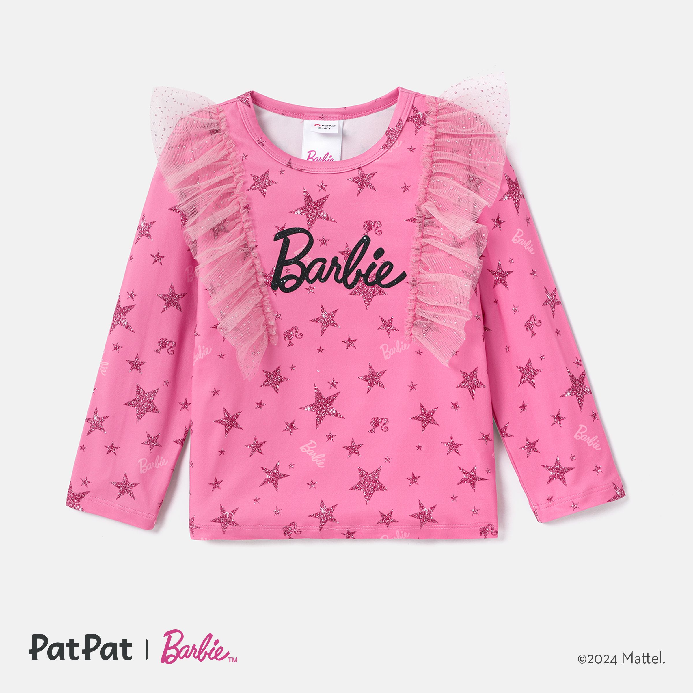 Barbie Toddler Girl Letter Print Mesh Panel Tee à Manches Longues