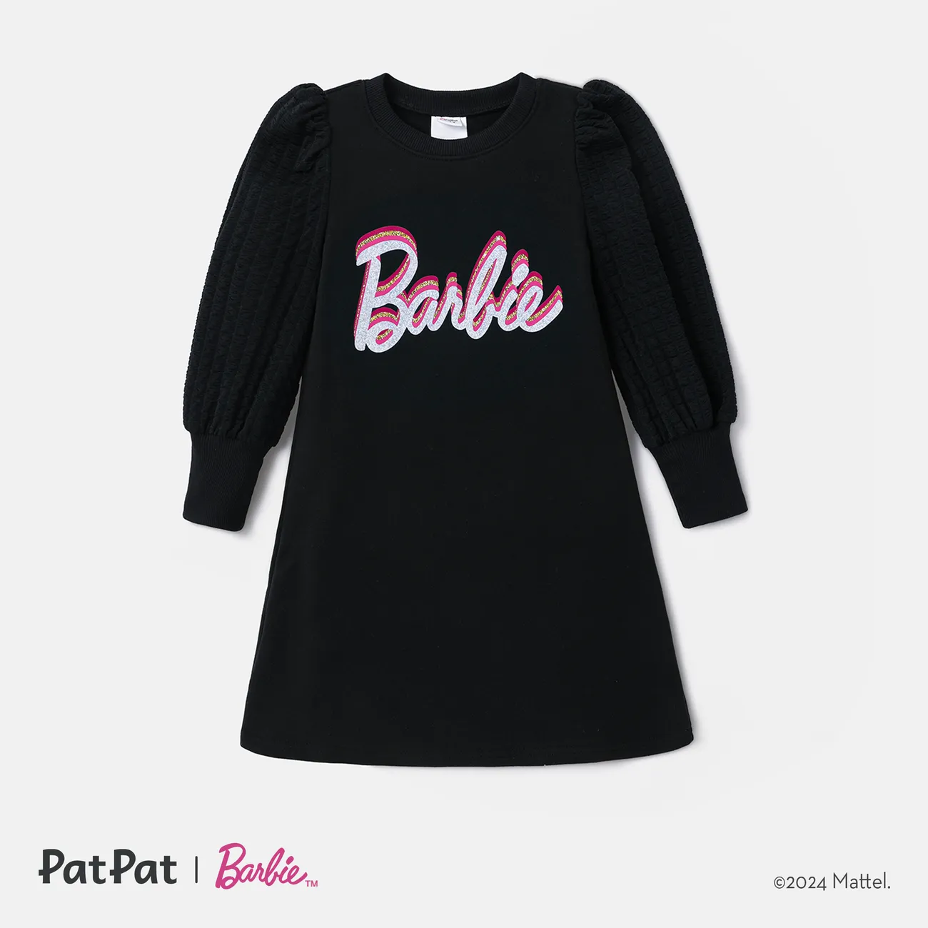 Barbie Kid Girl Letter Print Puff-sleeve Dress  Black big image 1