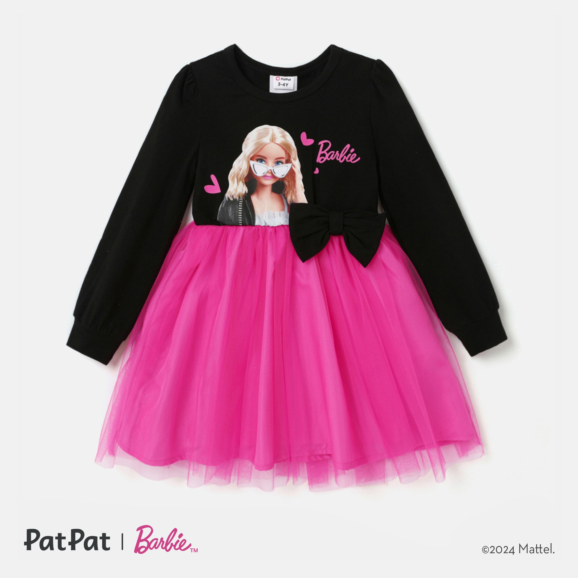 Barbie Toddler Girl Figure Print Bow Decor Manches Longues Mesh Panneau Robe
