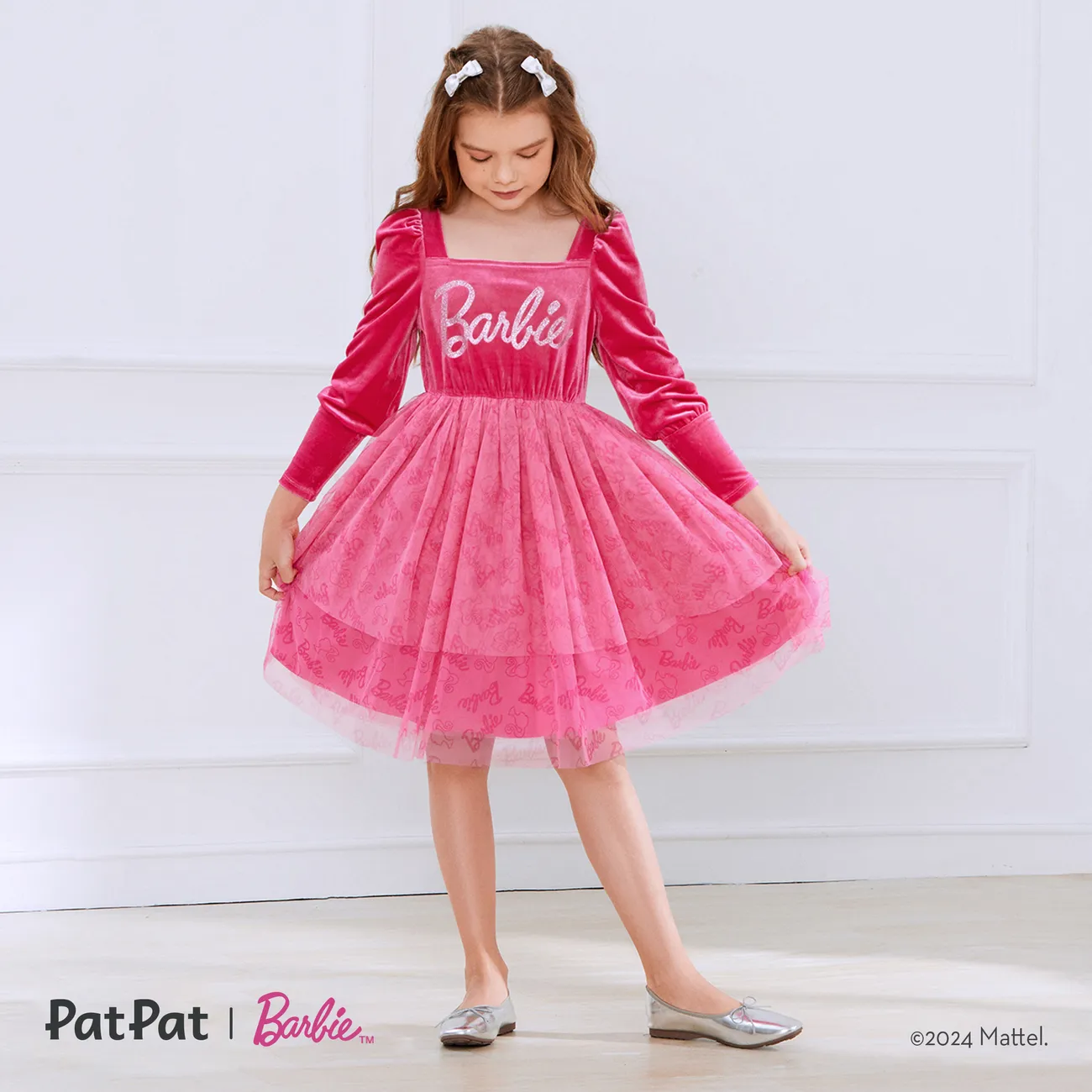 Barbie Kid Girl Glitter Letter Graphic Long-sleeve Mesh Fairy Dress pink- big image 1