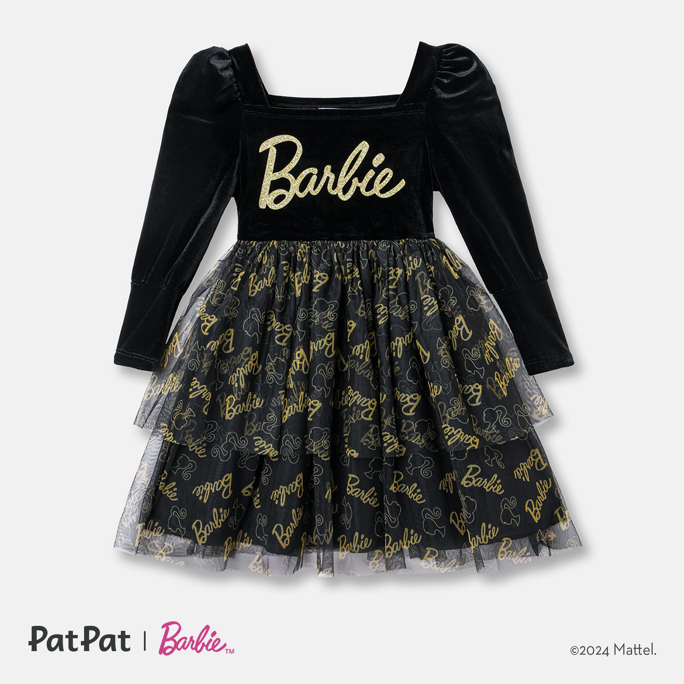 Barbie Kid Girl Glitter Letter Graphic Long-sleeve Mesh Dress