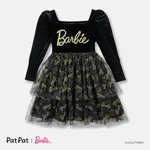 Barbie Kid Girl Glitter Letter Graphic Long-sleeve Mesh Fairy Dress Black