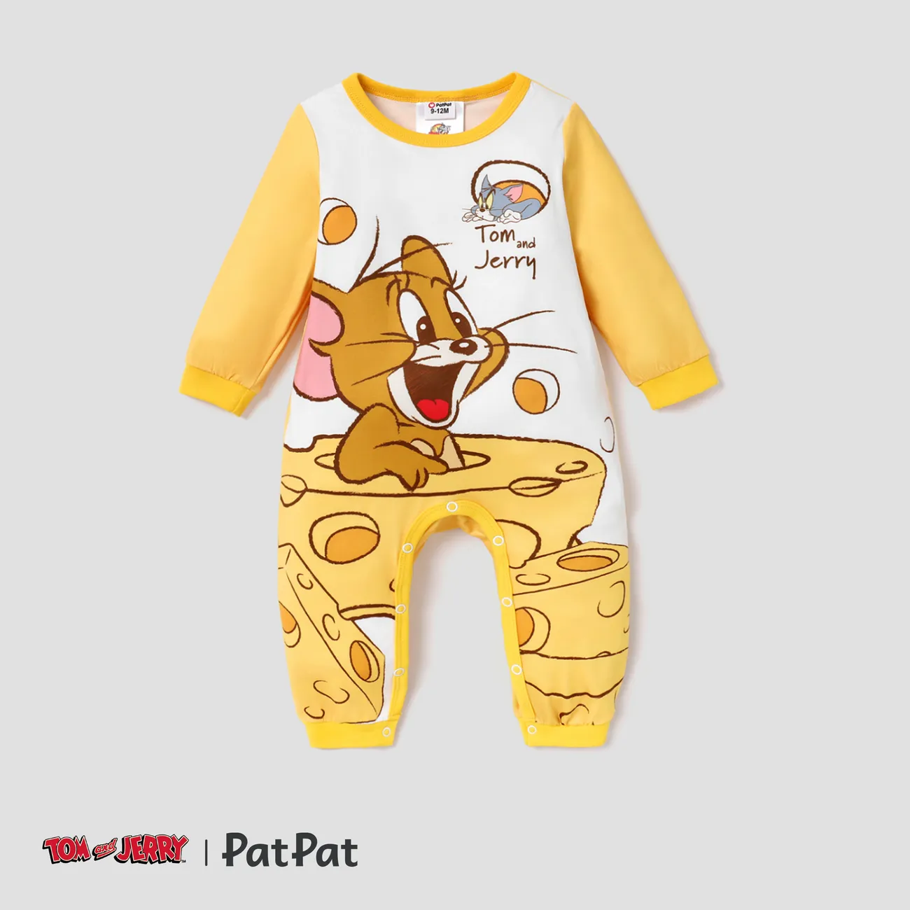 Tom and Jerry 嬰兒 中性 鈕扣 童趣 長袖 長腿連身衣 黃色 big image 1