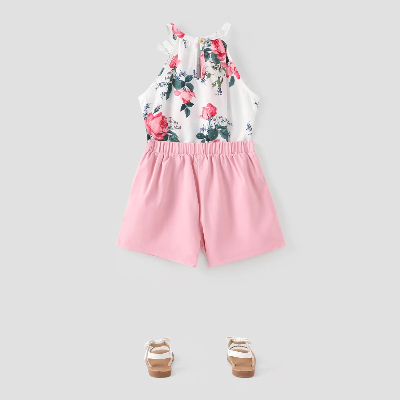 2pcs Kid Girl Floral Print Halter Tee and Button Design Elasticized Shorts Set Pink big image 1
