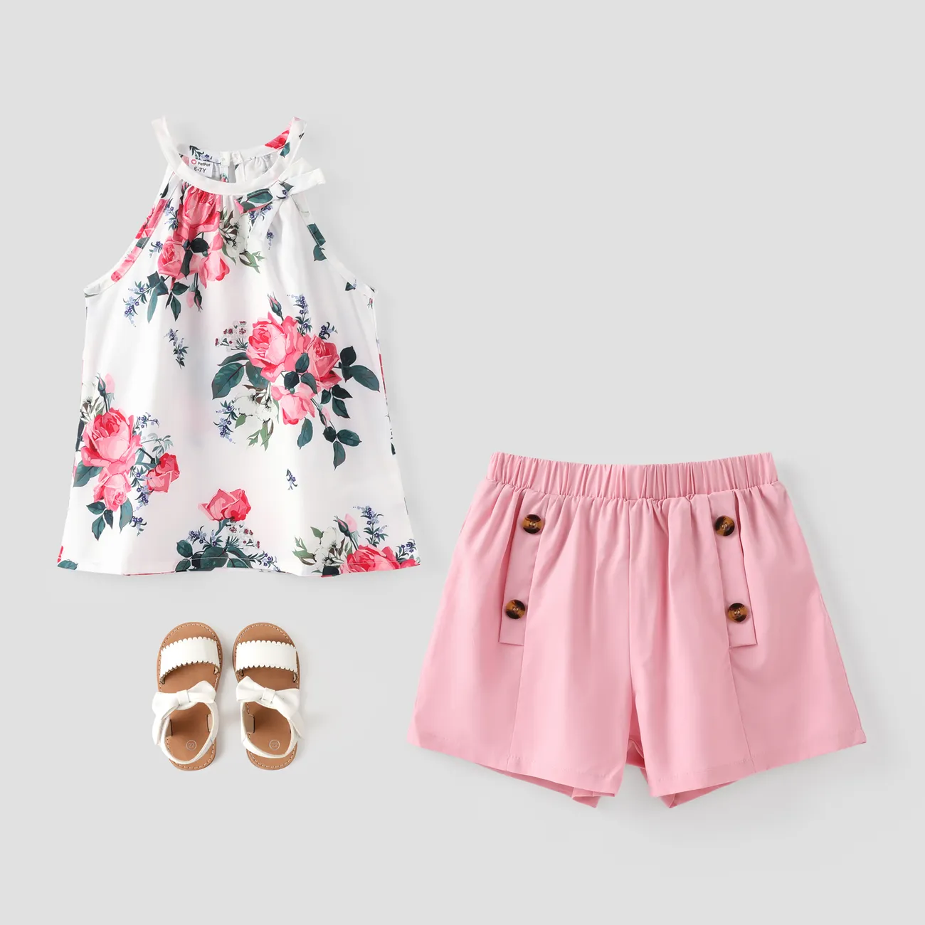 2pcs Kid Girl Floral Print Halter Tee and Button Design Elasticized Shorts Set Pink big image 1