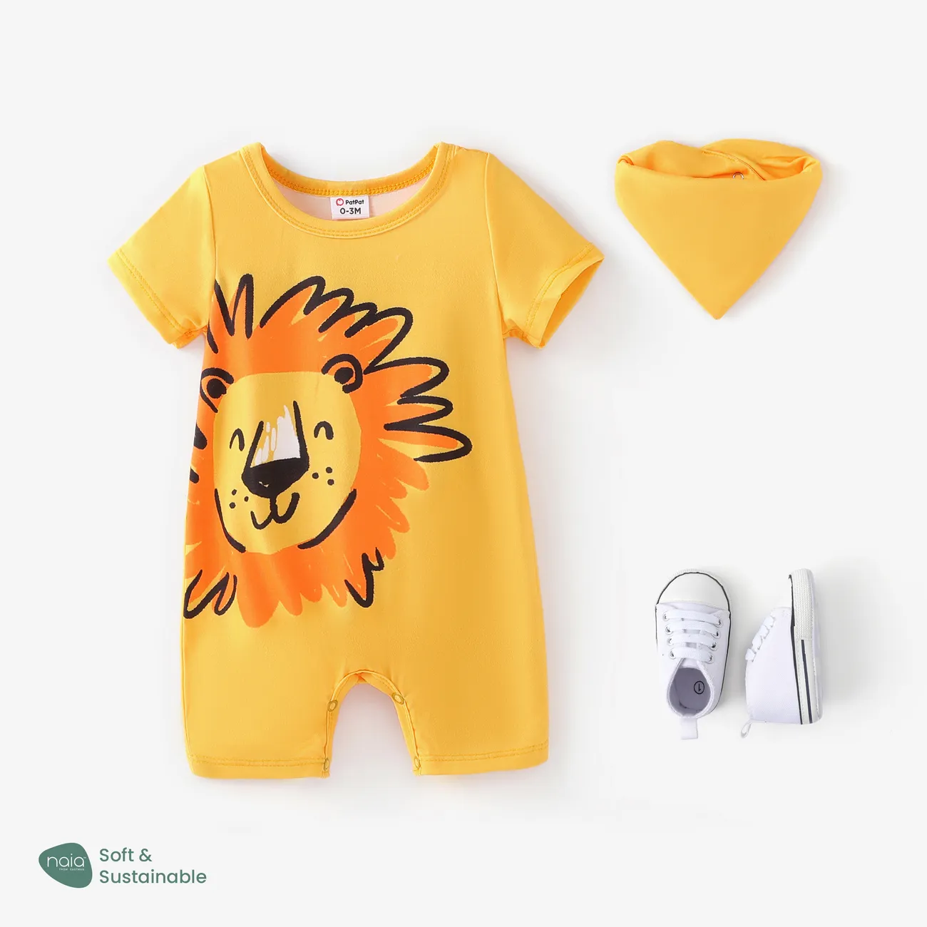 Baby Boy 2pcs Naia Lion Print Romper and Bib Set Yellow big image 1