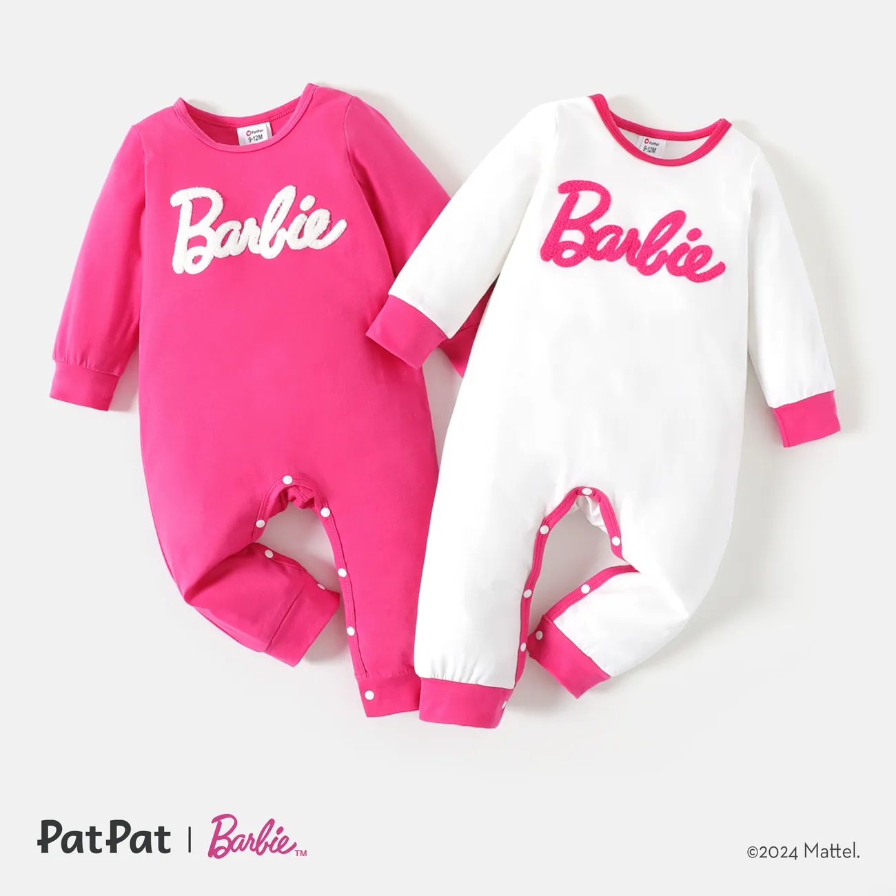 Barbie Baby Girl Letter Embroidered Long-sleeve Jumpsuit White big image 1