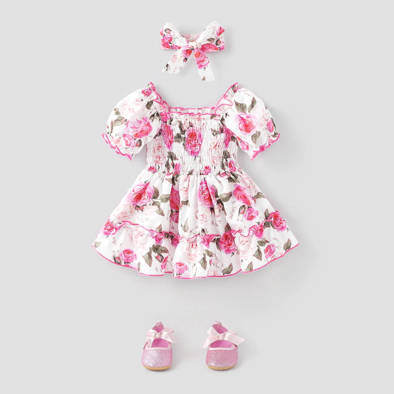 Baby Girl 2pcs Floral Pattern Puff Sleeves Ruffled Dress and Headband Set White big image 1
