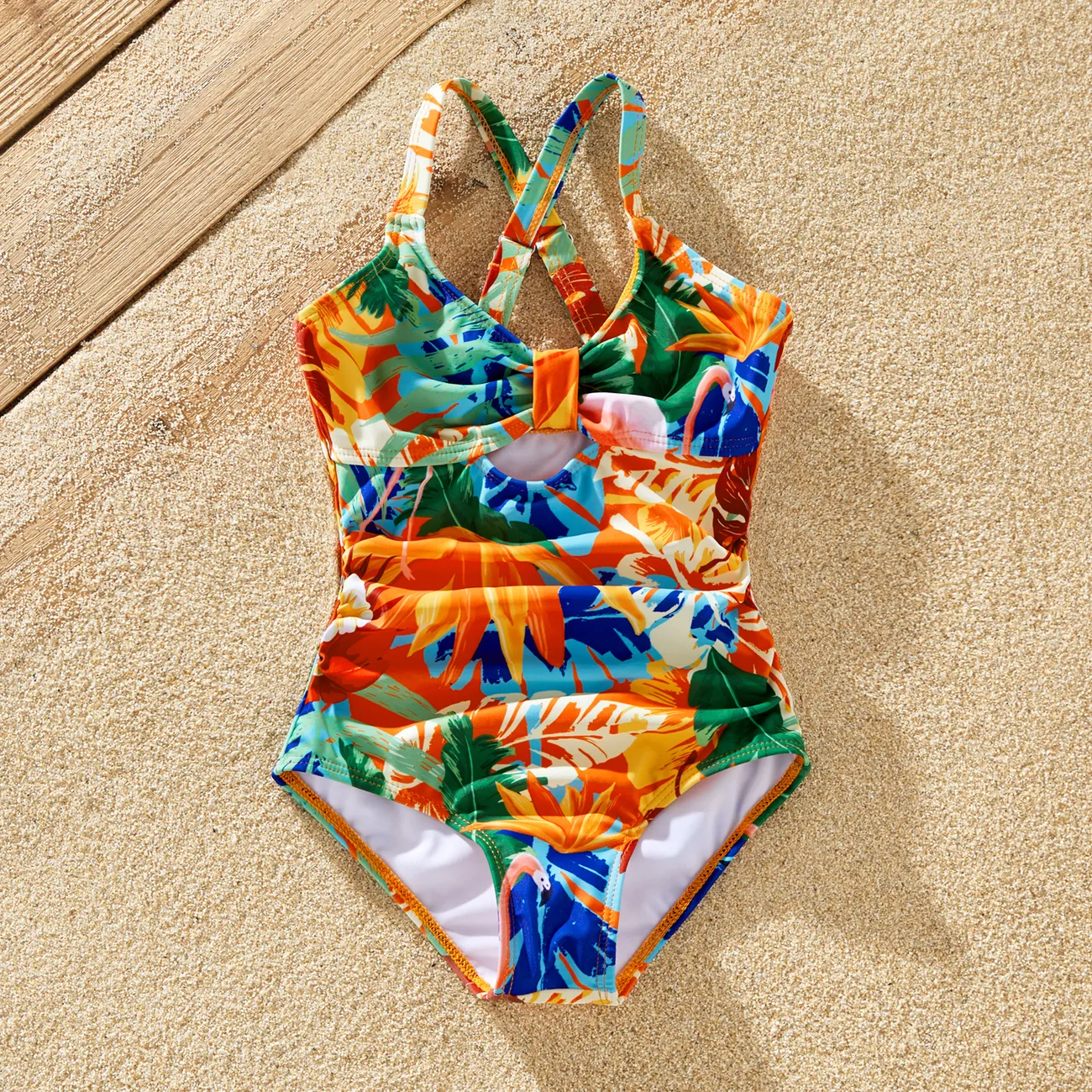 Family Matching Floral Drawstring Swim Trunks or Ruched Drawstring Side Cross Back Strap Swimsuit Orange color big image 1