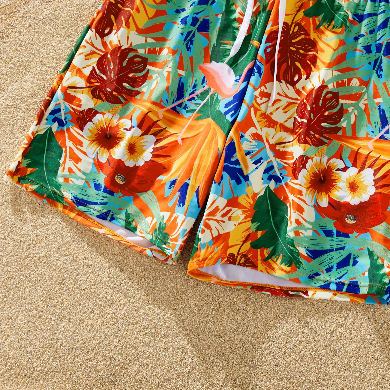 Family Matching Floral Drawstring Swim Trunks or Ruched Drawstring Side Cross Back Strap Swimsuit Orange color big image 1