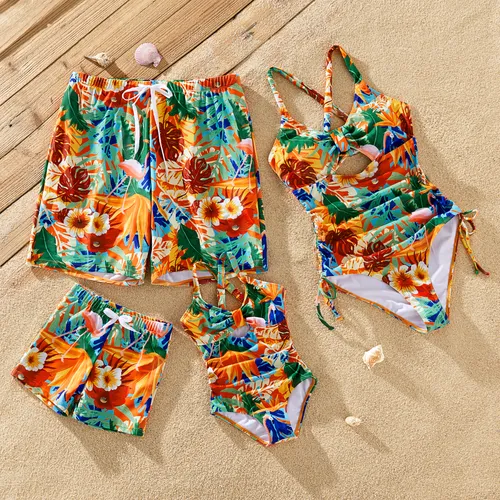 Family Matching Floral Drawstring Swim Trunks or Ruched Drawstring Side Cross Back Strap Swimsuit