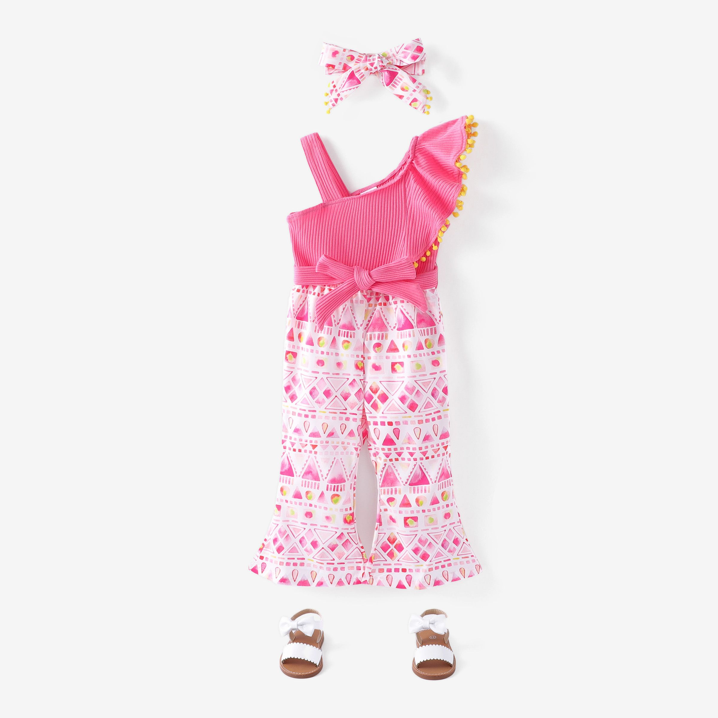 Toddler Girl 2cps Sweet Colorblock Geometric Pattern Jumpsuit And Headband Set/ Sandals