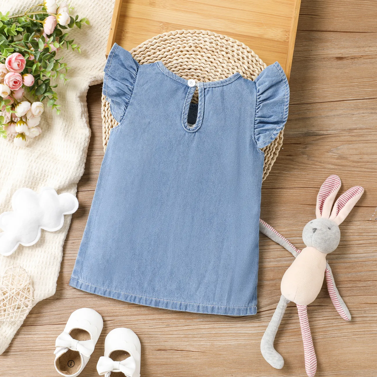  Baby Girl Childlike Rabbit Flutter Sleeve Cotton Dress  Blue big image 1