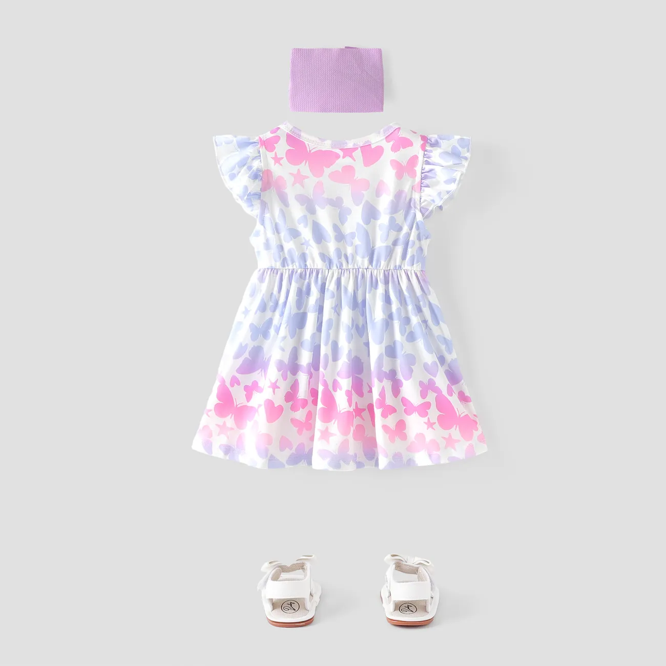 طفلة في جميع أنحاء فستان بطبعة فراشة بأكمام رفرفة كتلة اللون big image 1