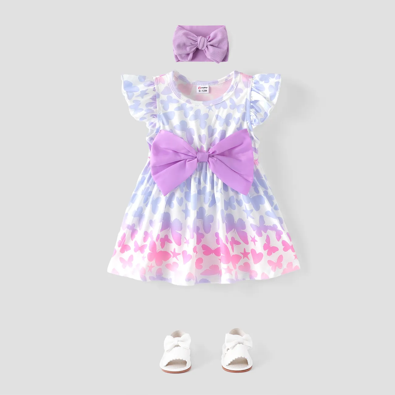 Baby Girl All Over Butterfly Print Flutter-sleeve Bowknot Dress ColorBlock big image 1