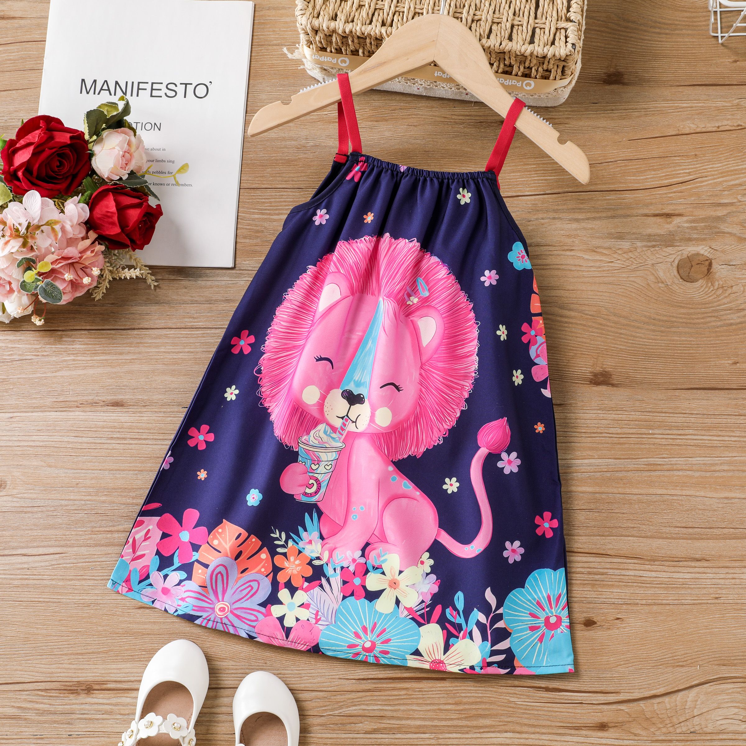 

Toddler Girl's Childlike Animal Print Dress with Hanging Strap