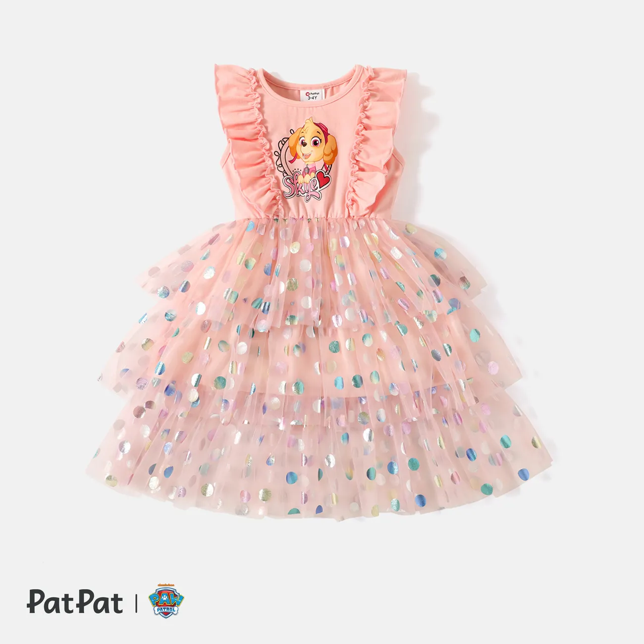 PAW Patrol Toddler Girl Cotton Ruffled Polka dots Layered Mesh Splice Sleeveless Dress Pink big image 1