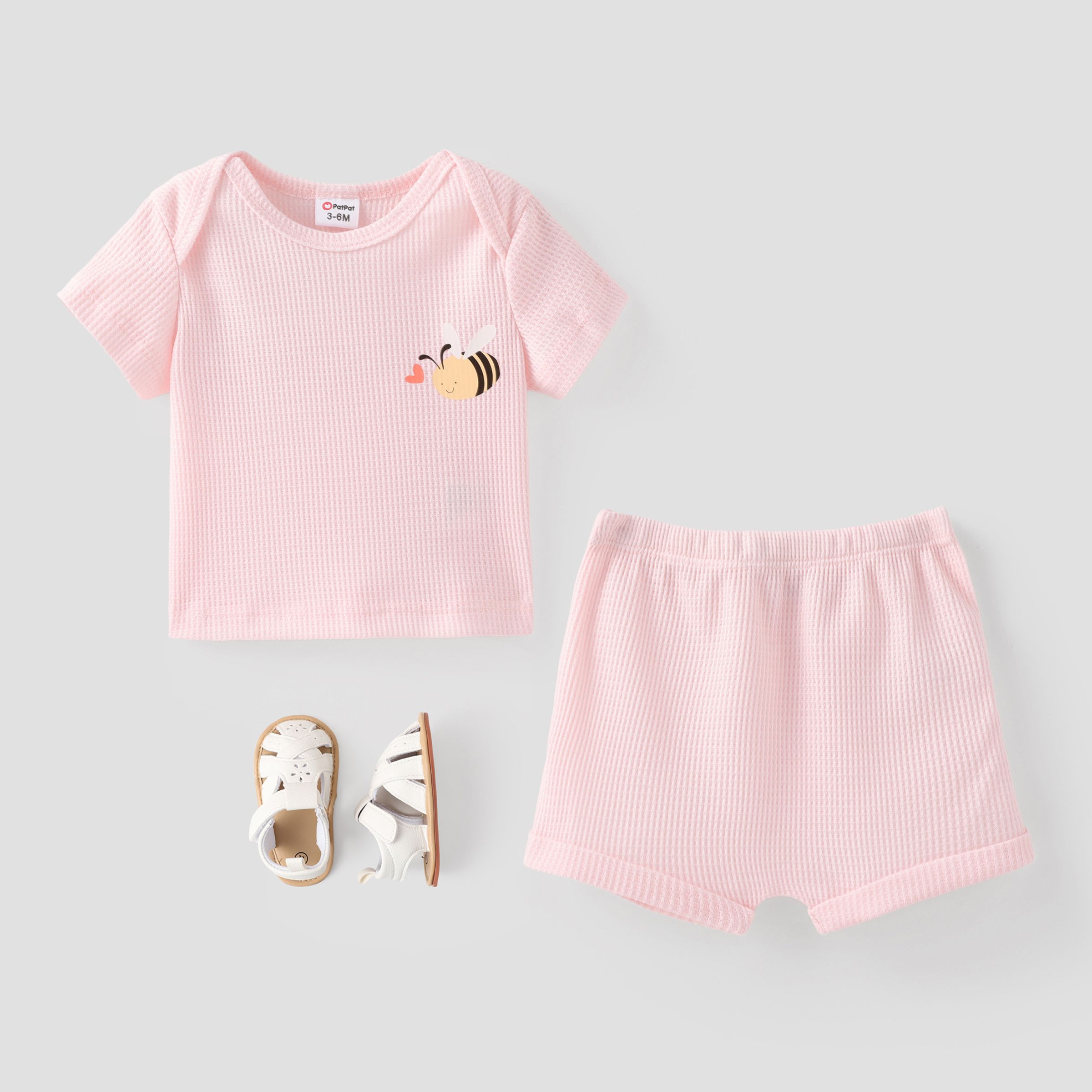 Baby Girl 2pcs Waffle Fabric Bee Print Tee And Shorts Set/ Sandals