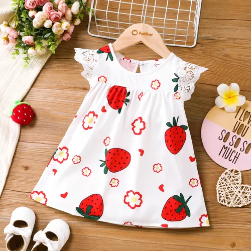 Baby Girl Sweet Strawberry Print Lace Ruffle-sleeve Dress