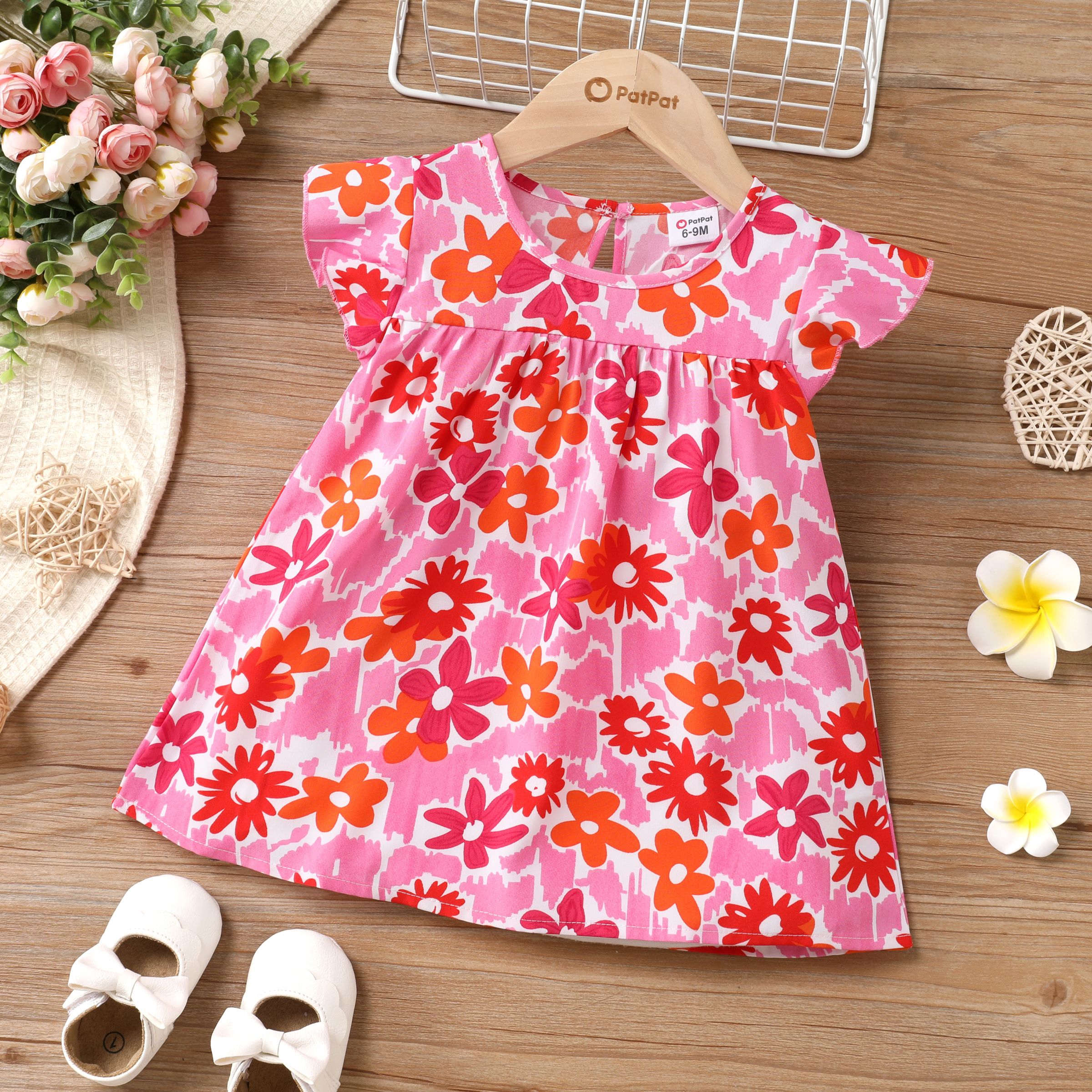 100% Cotton Baby Girl All Over Floral Print Flutter-sleeve Loose-fit Dress