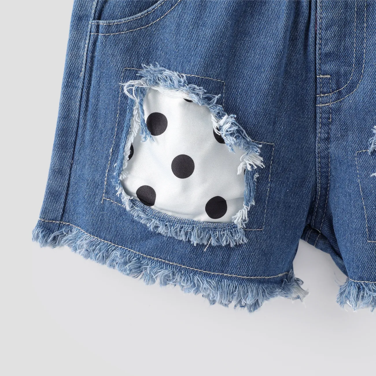 2pcs Baby Girl Polka Dots Layered Ruffled Tank Top and Raw Hem Ripped Denim Shorts Set White big image 1