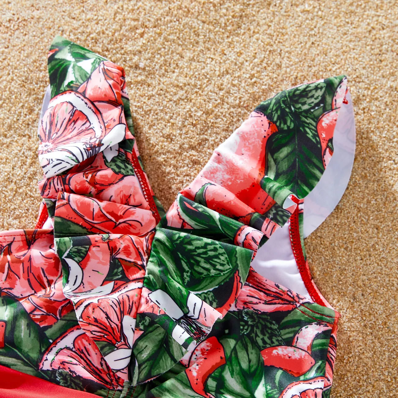 Family Matching Fruit Pattern Swim Trunks or Ruffle V-Neck Twist Knot Spliced Swimsuit  Red big image 1