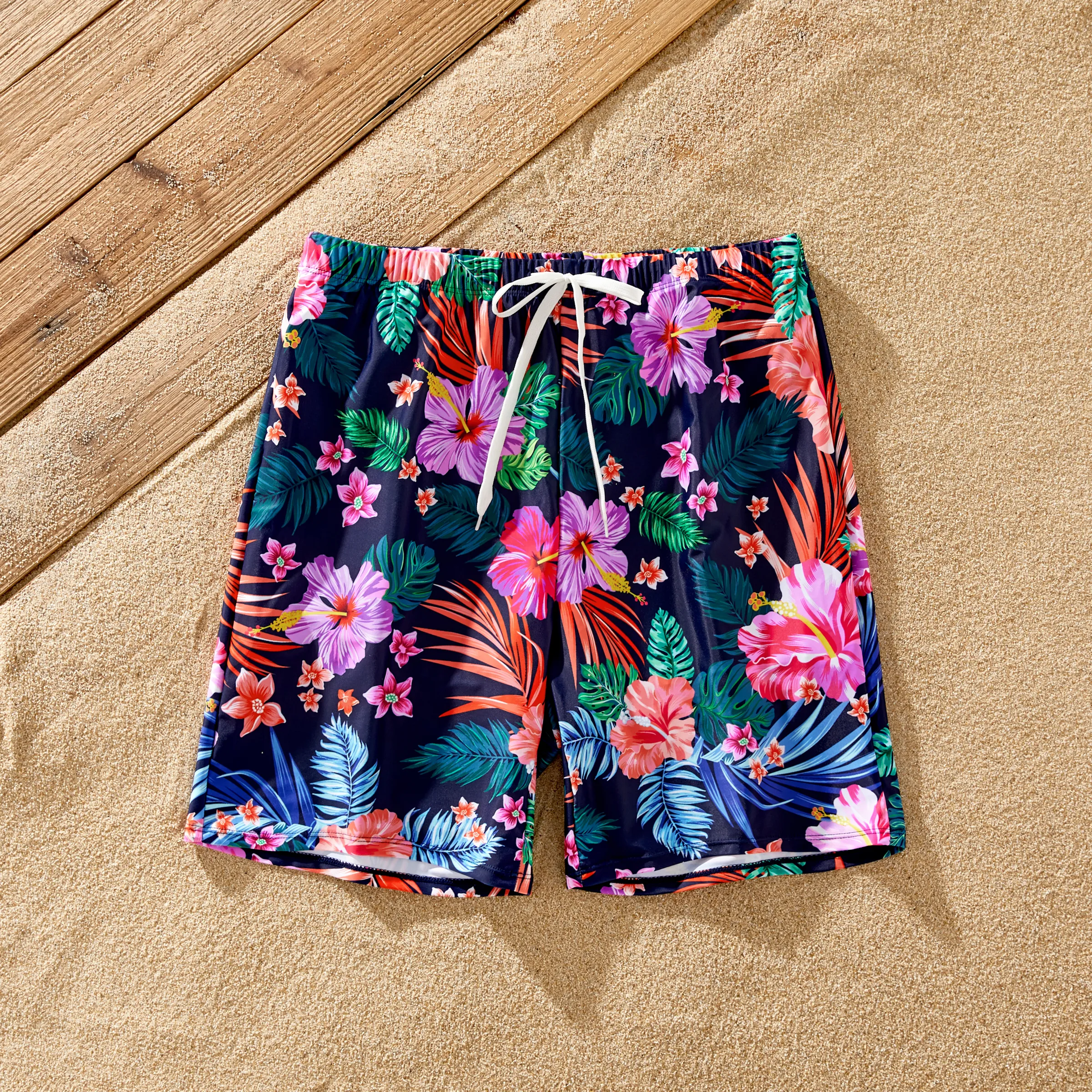 Family Matching Tropical Floral Drawstring Swim Trunks or Ruched Drawstring Side One-Piece Strap Swi