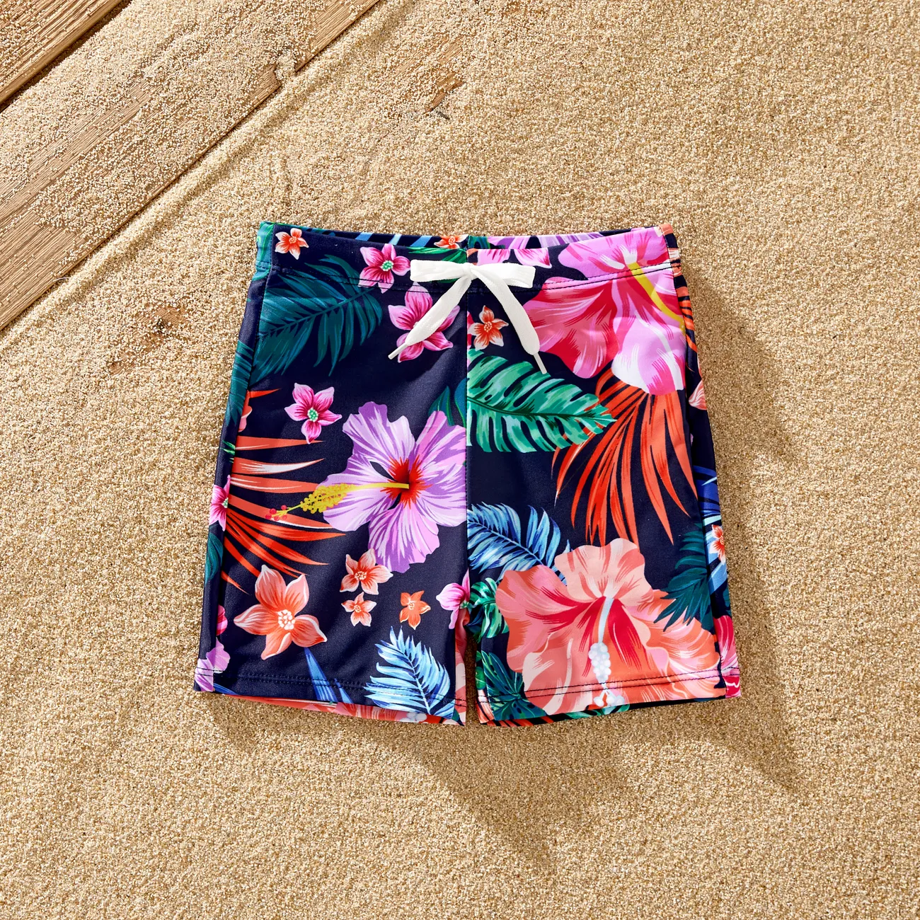 Family Matching Tropical Floral Drawstring Swim Trunks or Ruched Drawstring Side One-Piece Strap Swimsuit  Deep Blue big image 1