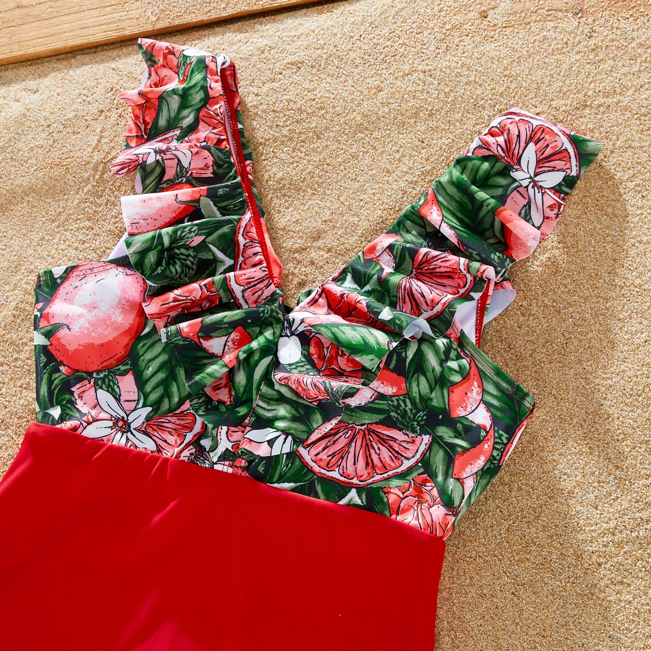 Family Matching Fruit Pattern Swim Trunks or Ruffle V-Neck Twist Knot Spliced Swimsuit  Red big image 1