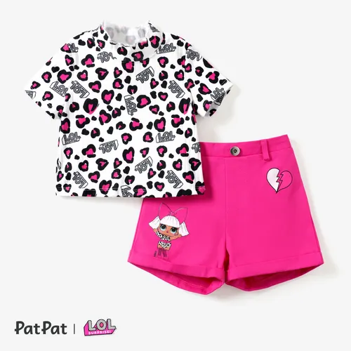 L.O.L. 驚喜！2 件套幼兒女孩粉色豹紋印花上衣和角色印花短褲套裝